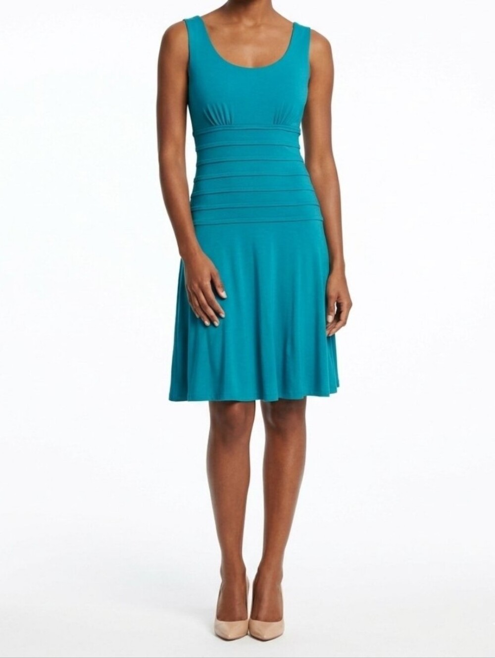 Max Studio Womens Tiered Dress Blue Teal Round Neck Sleeveless Stretch Rayon M
